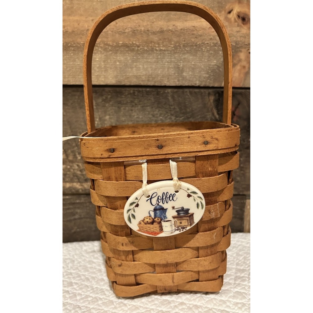 Longaberger Vtg 1998 Handwoven Basket w/ Liner & "Coffee" Ceramic Medallion
